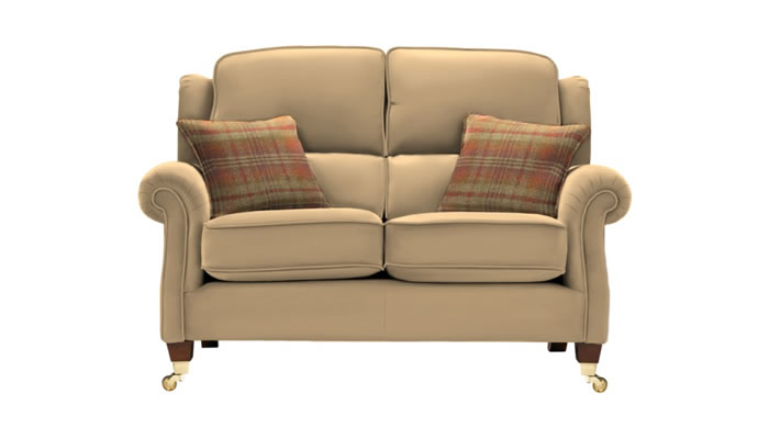 Parker Knoll Henley 2 Seater Sofa in Como Mink Leather with Highgrove Check Berry Scatters and Mahogany Legs